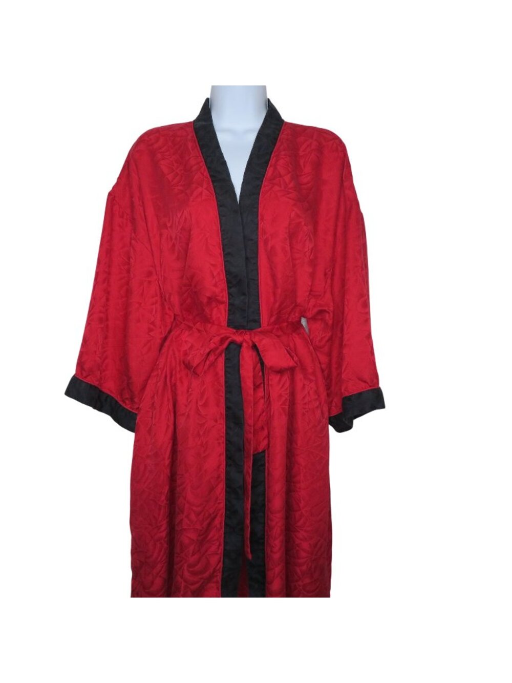 Vintage Halston Red Black Kimono Robe Belted Pockets M Geometric Pattern Satin